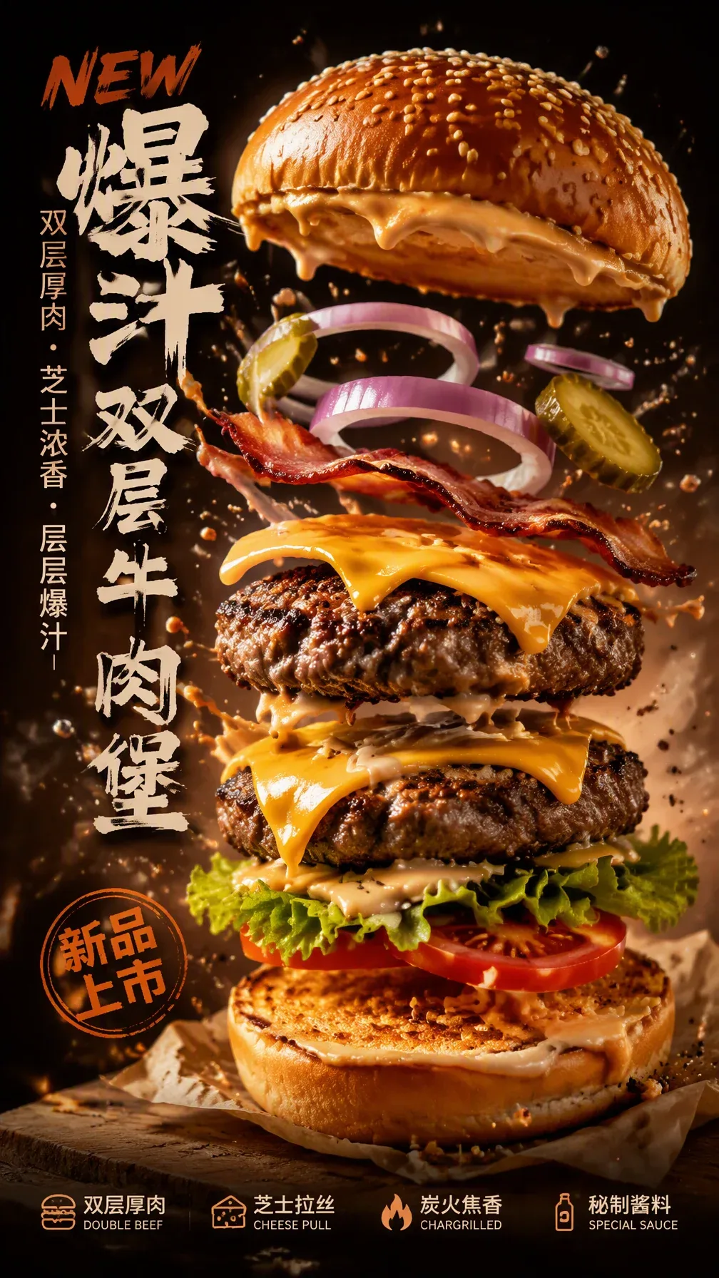 菜品信息】 菜品名称：{填写菜品名称，例如：爆汁芝士双层牛肉汉堡 / 浓汤叉烧拉面 / 厚乳黑糖珍珠奶茶 / 鲜切三文鱼寿司卷} 菜品类型：{填写品类，例如：汉堡 / 拉面 / 奶茶 / 寿司 / 炸鸡 / 甜品 / … - AI提示词参考图，来自西西提示词