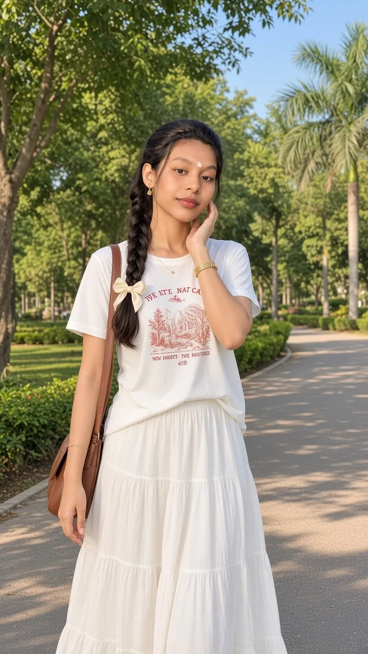 A photorealistic outdoor lifestyle portrait of a young woman walking along a peaceful tree-lined park pathway… - AI提示词参考图，来自西西提示词