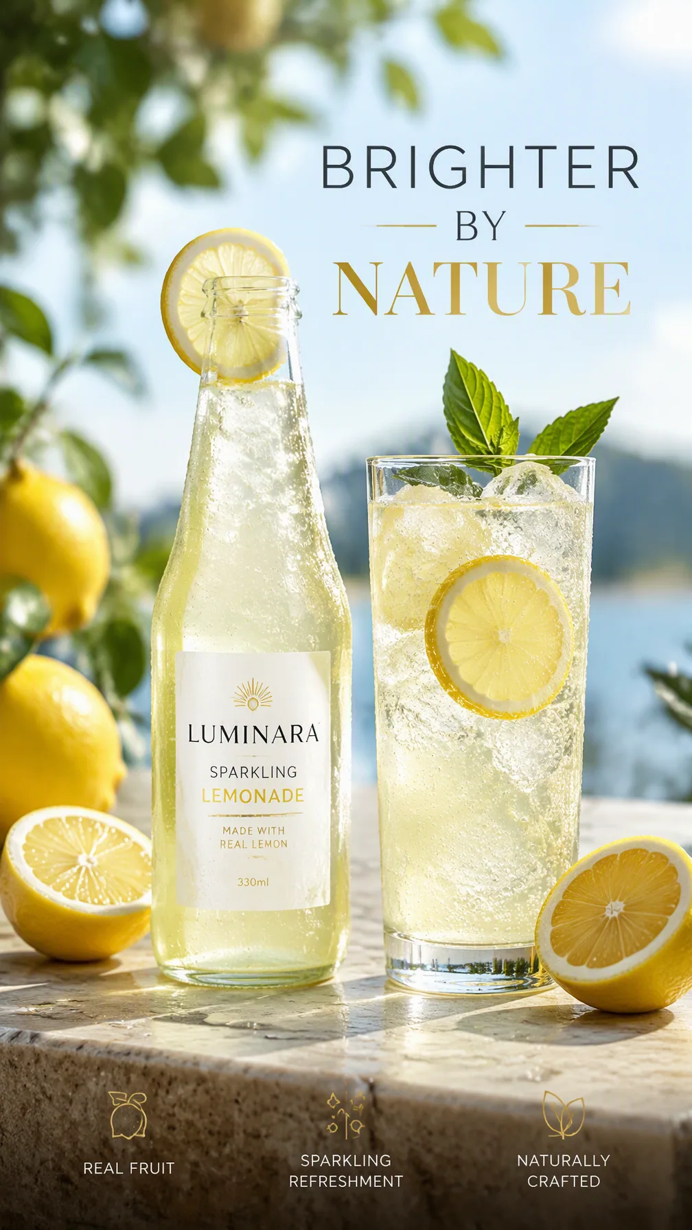Premium 4:5 advertising poster for a premium sparkling lemonade brand. A clear glass bottle beside a tall gla… - AI prompt reference from CC Prompt Galaxy