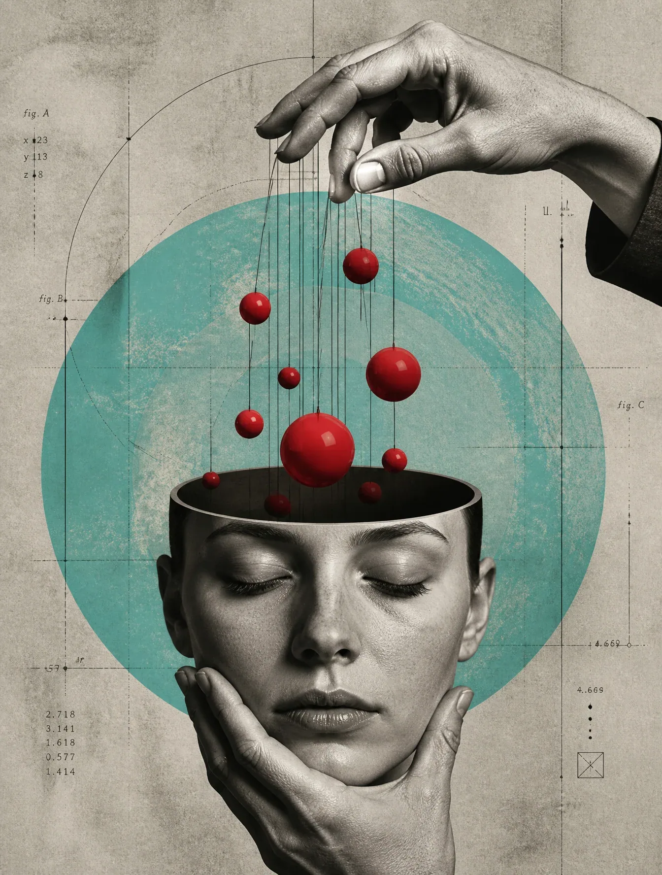 A surrealist digital collage depicts a human head with the cranium removed, revealing a hollow interior where… - AI提示词参考图，来自西西提示词