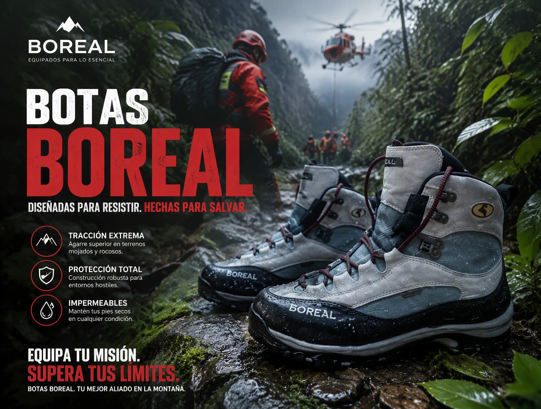 Crear un cartel publicitario de par de botas de montaña para un uso al aire libre Diseñarlo como un póster co… - AI提示词参考图，来自西西提示词