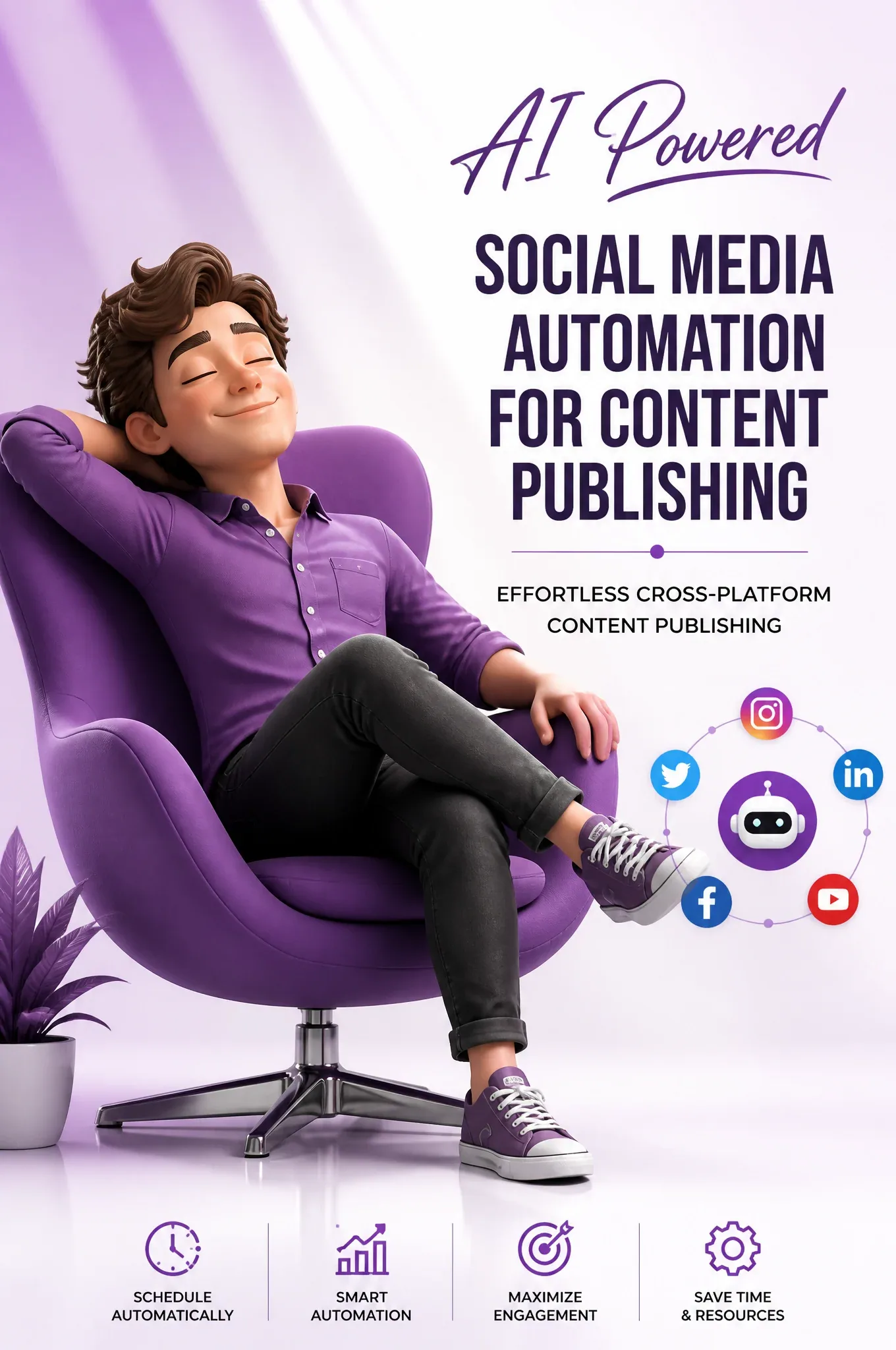 Whimsical 3D animated promotional image featuring a relaxed young man with brown wavy hair, wearing a purple … - AI提示词参考图，来自西西提示词