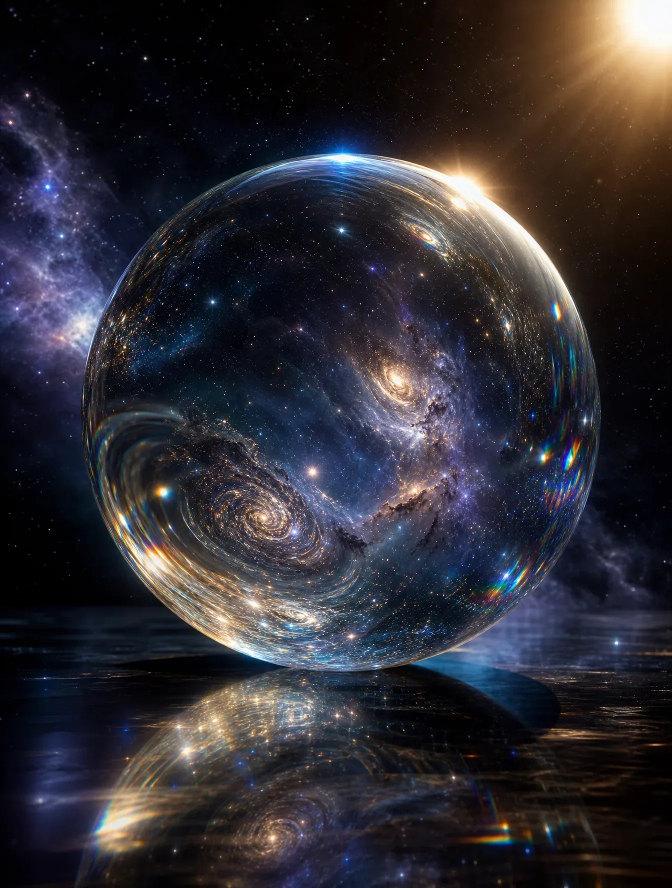 A perfectly spherical planet made entirely of transparent liquid glass, floating in deep space above a black … - AI提示词参考图，来自西西提示词