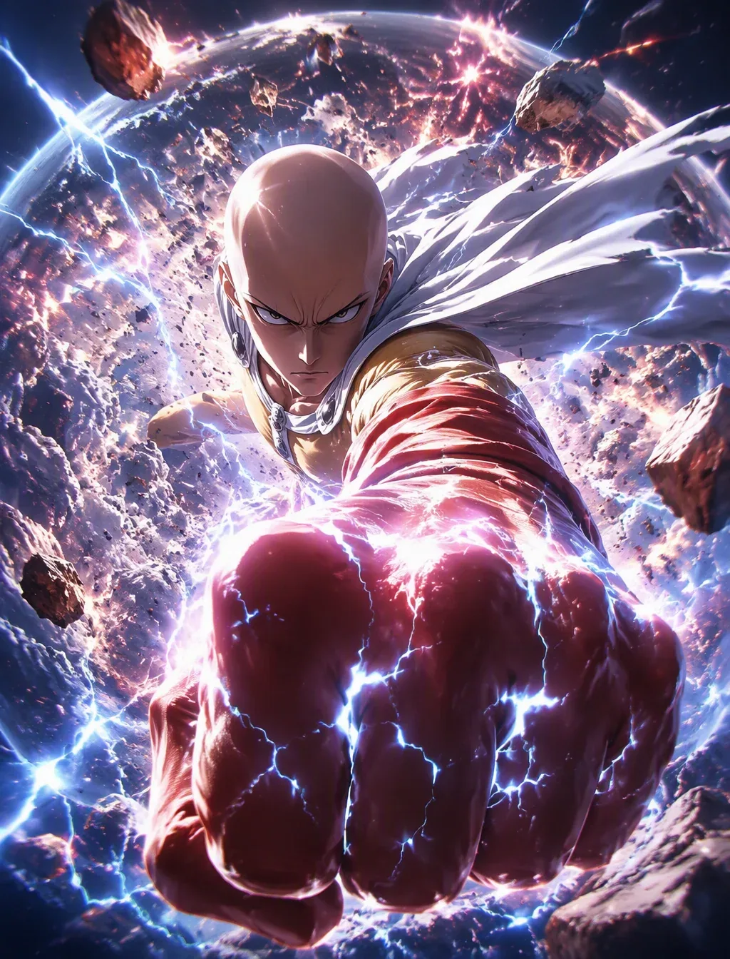 An epic, cinematic, high-quality anime poster of Saitama from One-Punch Man throwing a devastating, world-sha… - AI prompt reference from CC Prompt Galaxy