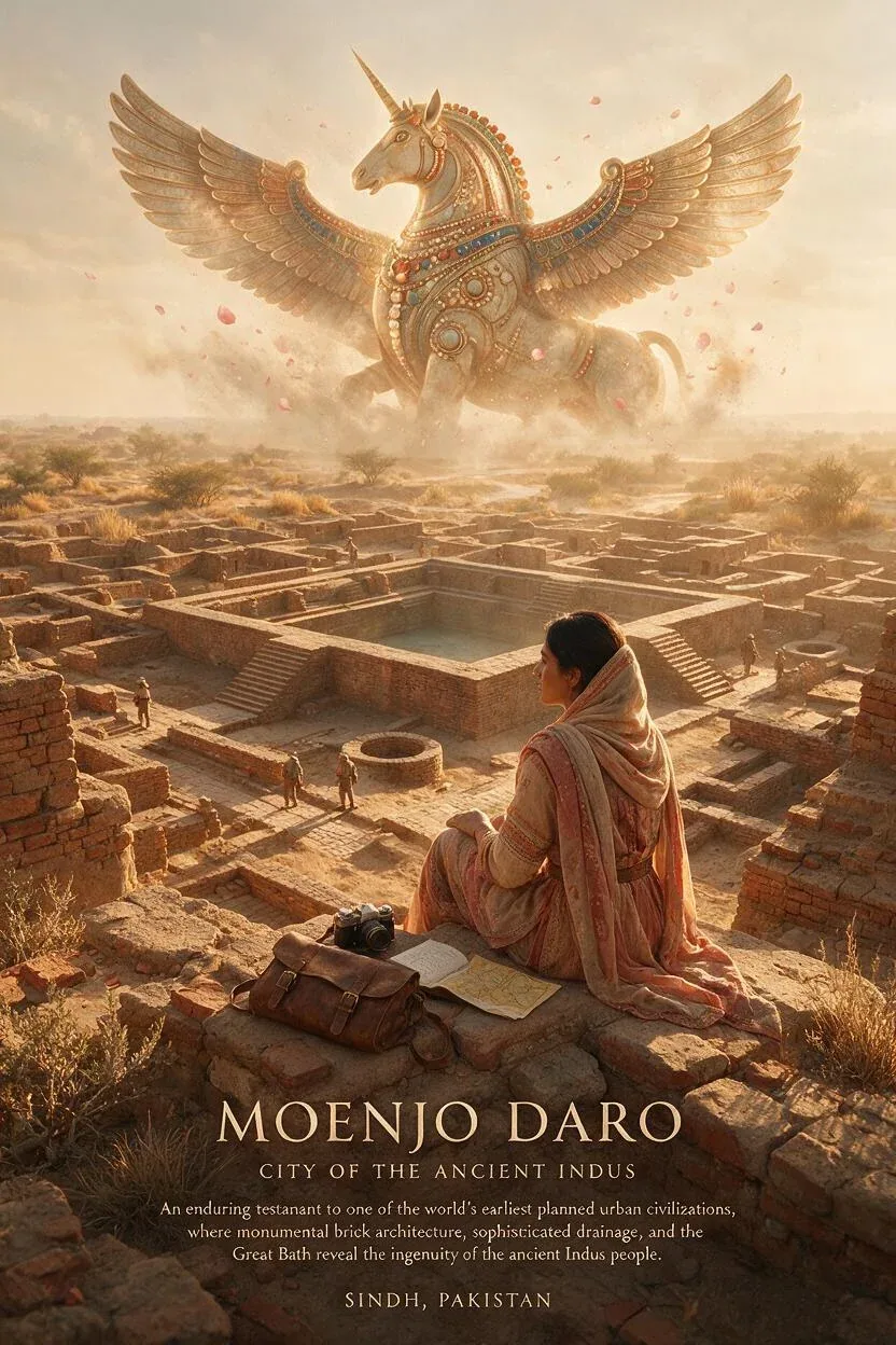 Create a breathtaking vertical cinematic archaeological travel poster of MOENJO DARO, SINDH, PAKISTAN, render… - AI提示词参考图，来自西西提示词