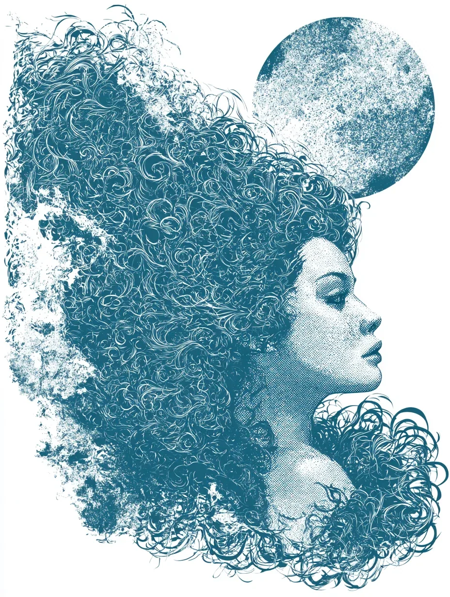 A stylized profile portrait of a woman faces left, her voluminous, flowing hair composed of intricate, swirli… - AI prompt reference from CC Prompt Galaxy