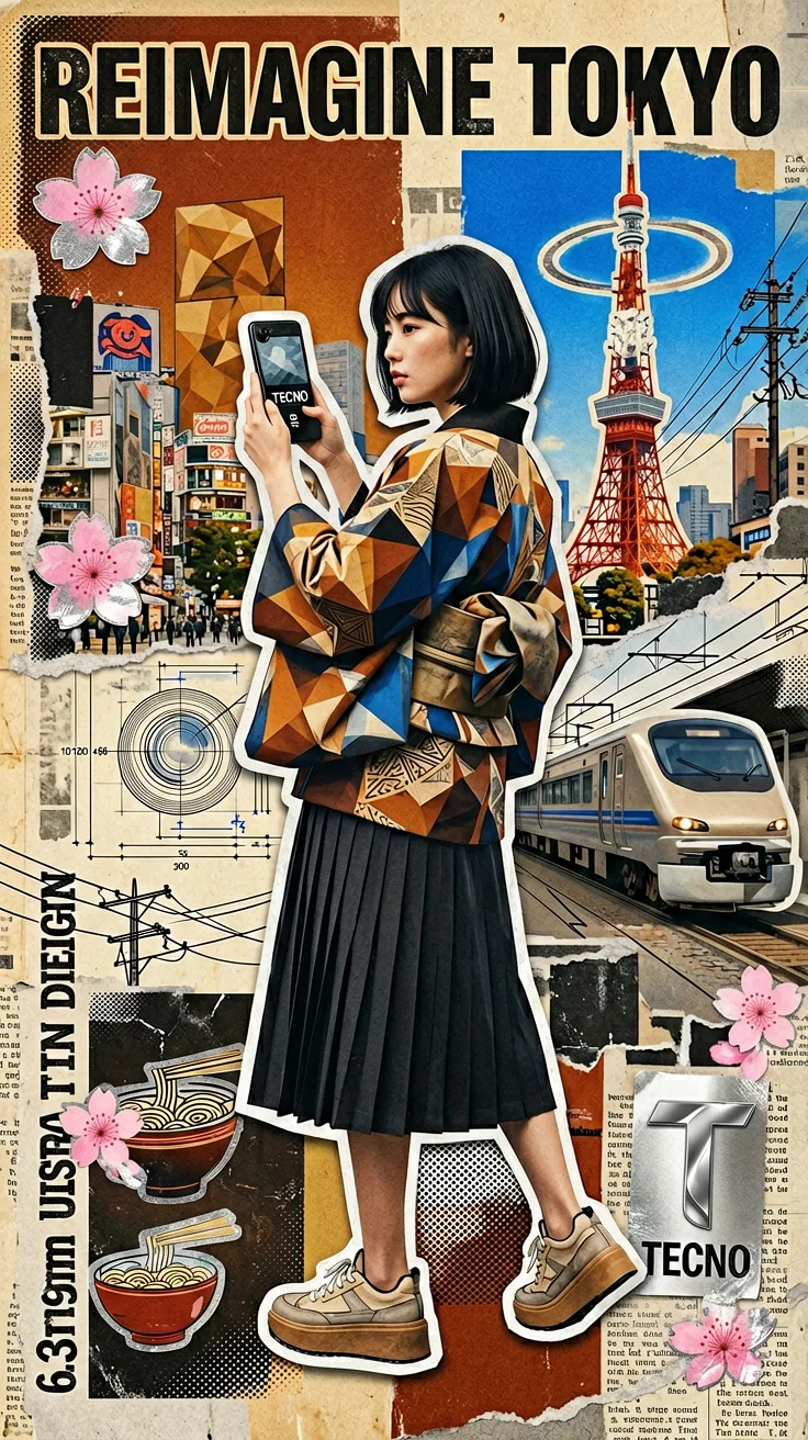 Core Style & Subject: A complex, high-end editorial mixed-media collage travel poster for 'REIMAGINE TOKYO.' … - AI提示词参考图，来自西西提示词
