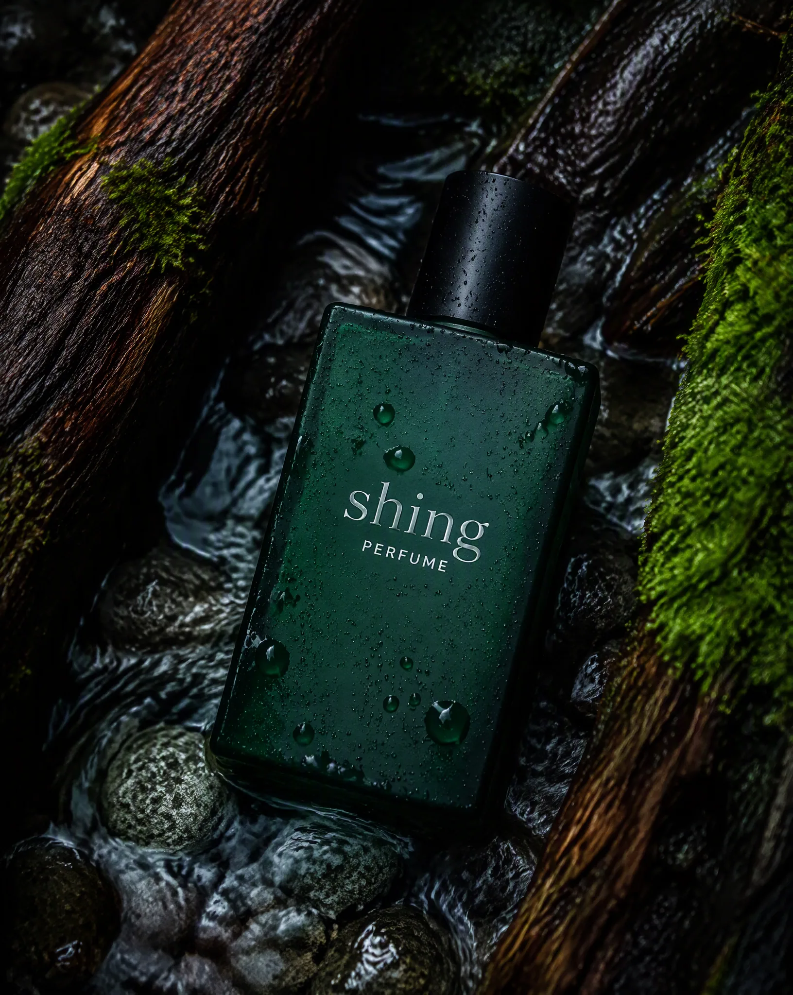 Product photography of a matte dark green rectangularperfume bottle lying flat in a shallow stream. Black |cy… - AI prompt reference from CC Prompt Galaxy
