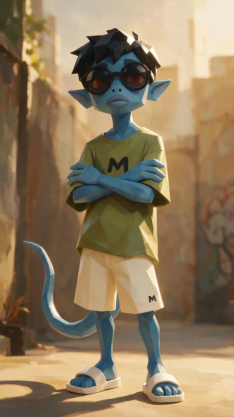Stylized 3D painterly animation aesthetic, hand-painted 3D character rendering, angular faceted form construc… - AI提示词参考图,来自西西提示词