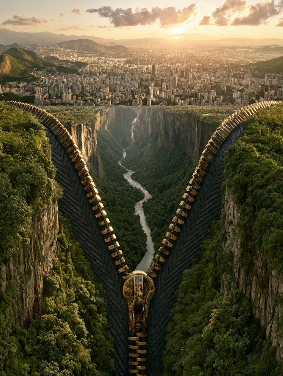 A hyper-realistic, surreal digital artwork depicting a fantastical landscape where a zipper is unzipped to re… - AI提示词参考图，来自西西提示词