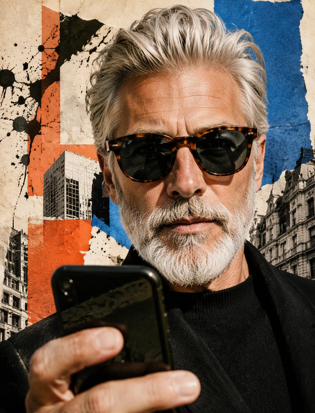 Subject and action Extreme close-up selfie portrait of an elegant older man with swept-back silver hair and a… - AI提示词参考图，来自西西提示词