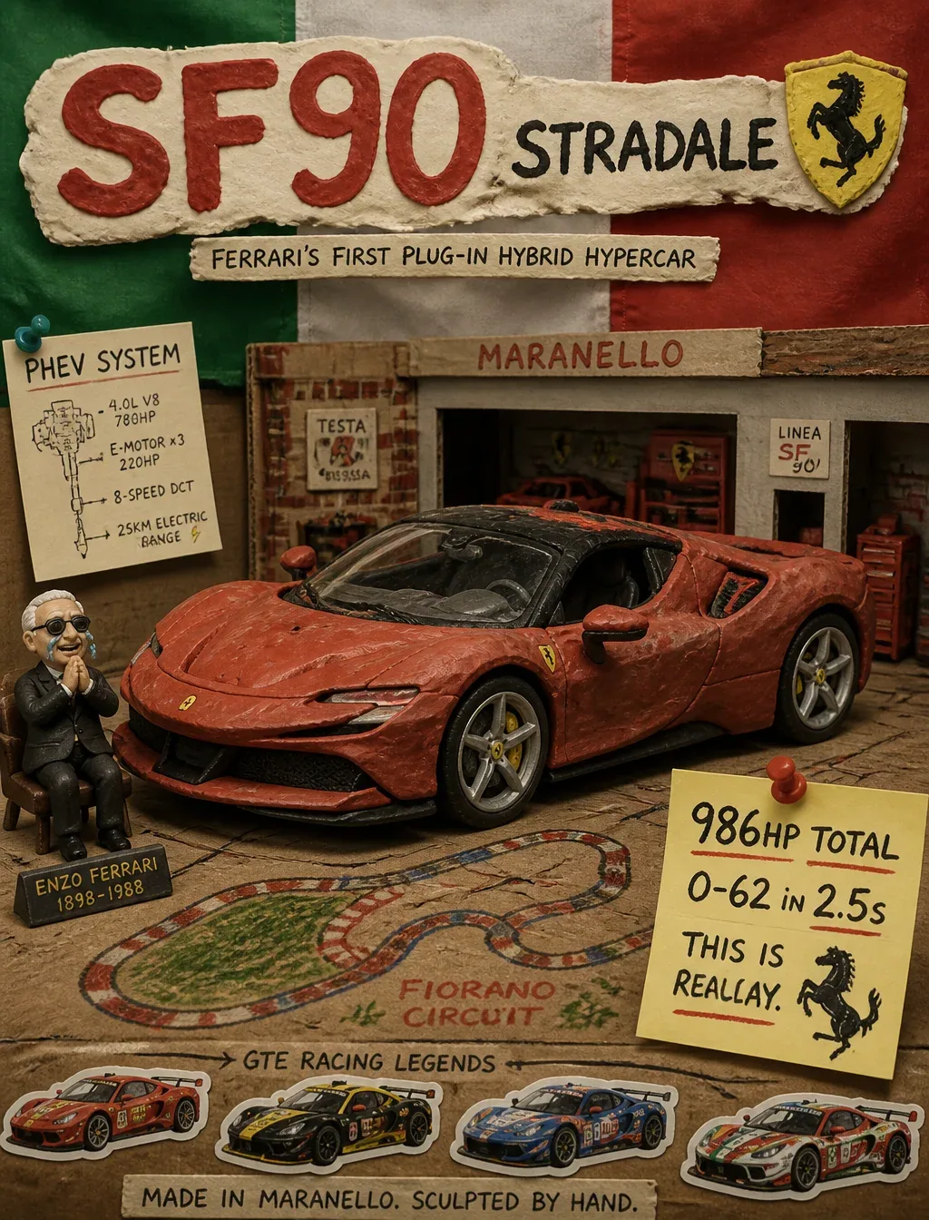 Create a stop-motion clay-and-plastic premium automotive poster of Ferrari SF90 Stradale — the hybrid hyperca… - AI提示词参考图，来自西西提示词