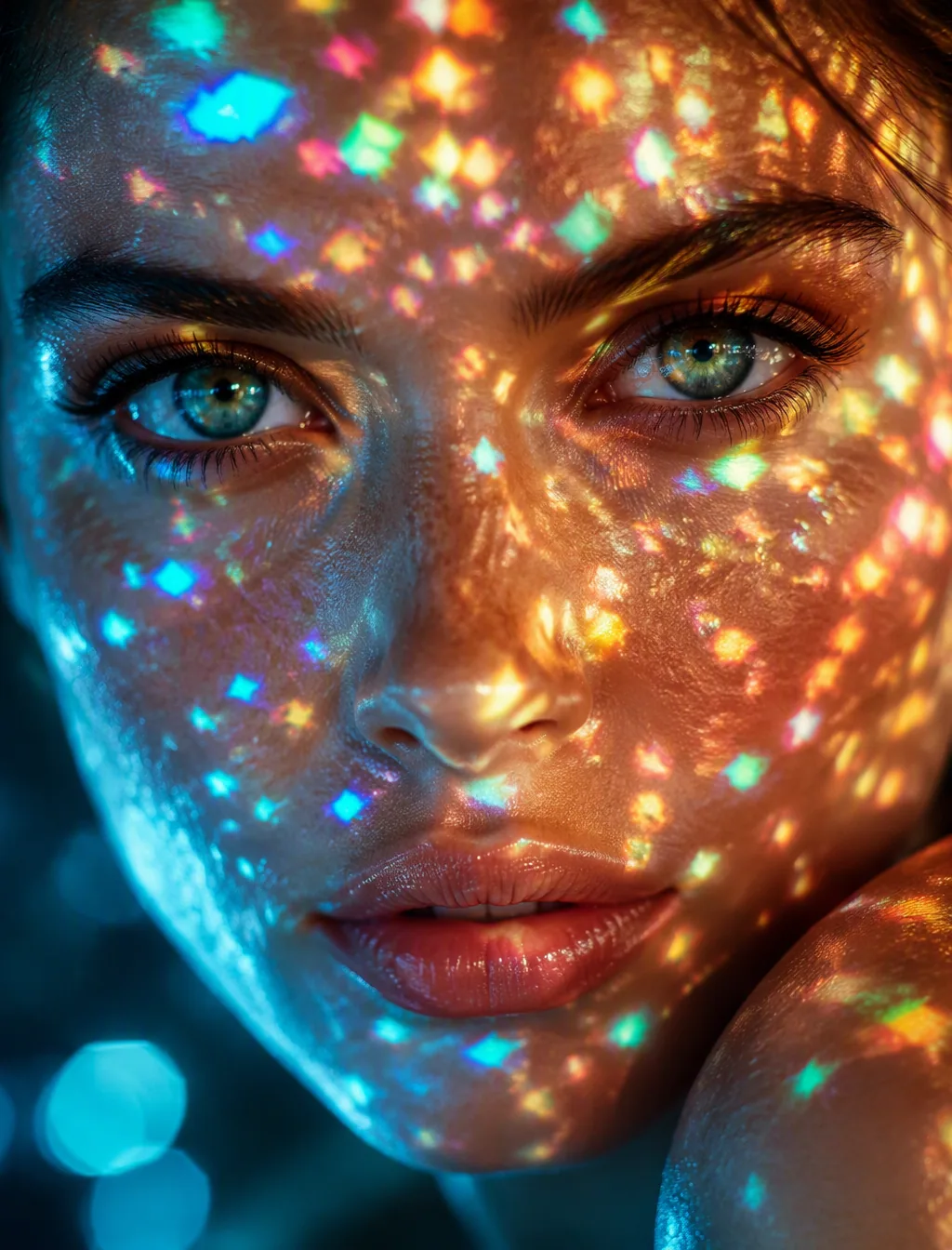 An extreme close-up portrait frames a woman’s face from forehead to chin, her turquoise-green eyes fixed towa… - AI提示词参考图,来自西西提示词