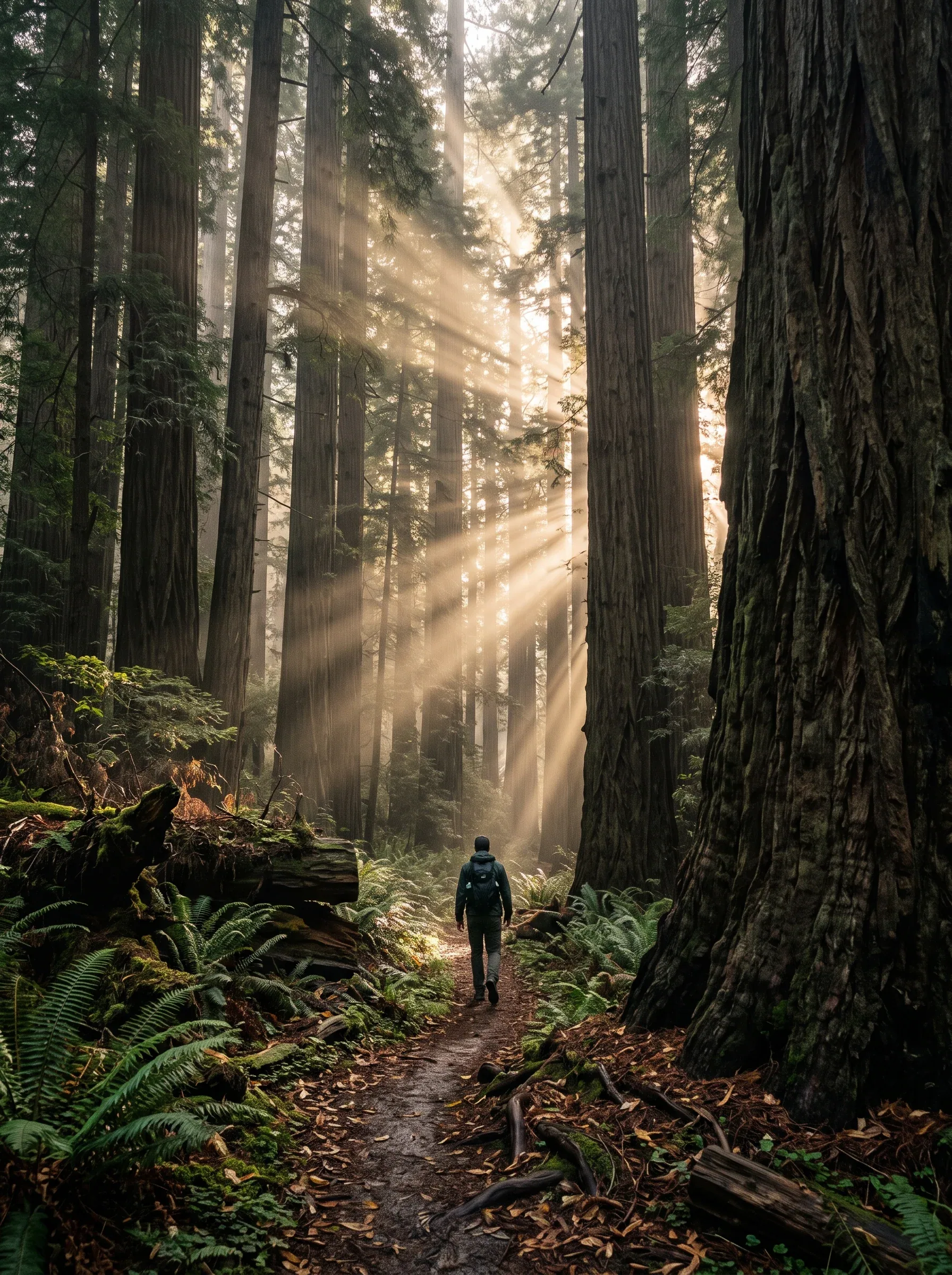 A solitary hiker walks along a narrow, leaf-strewn trail through an immense old-growth redwood forest, dwarfe… - AI提示词参考图，来自西西提示词
