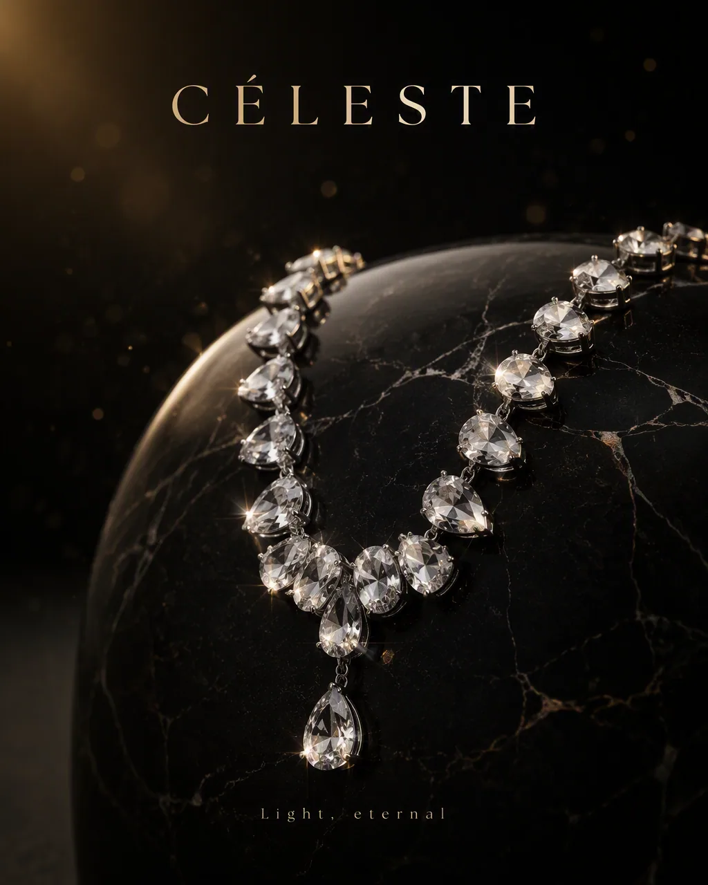 Create an ultra-premium jewelry advertising poster for a fictional brand "CÉLESTE". FORMAT: 4:5 vertical, ele… - AI提示词参考图，来自西西提示词
