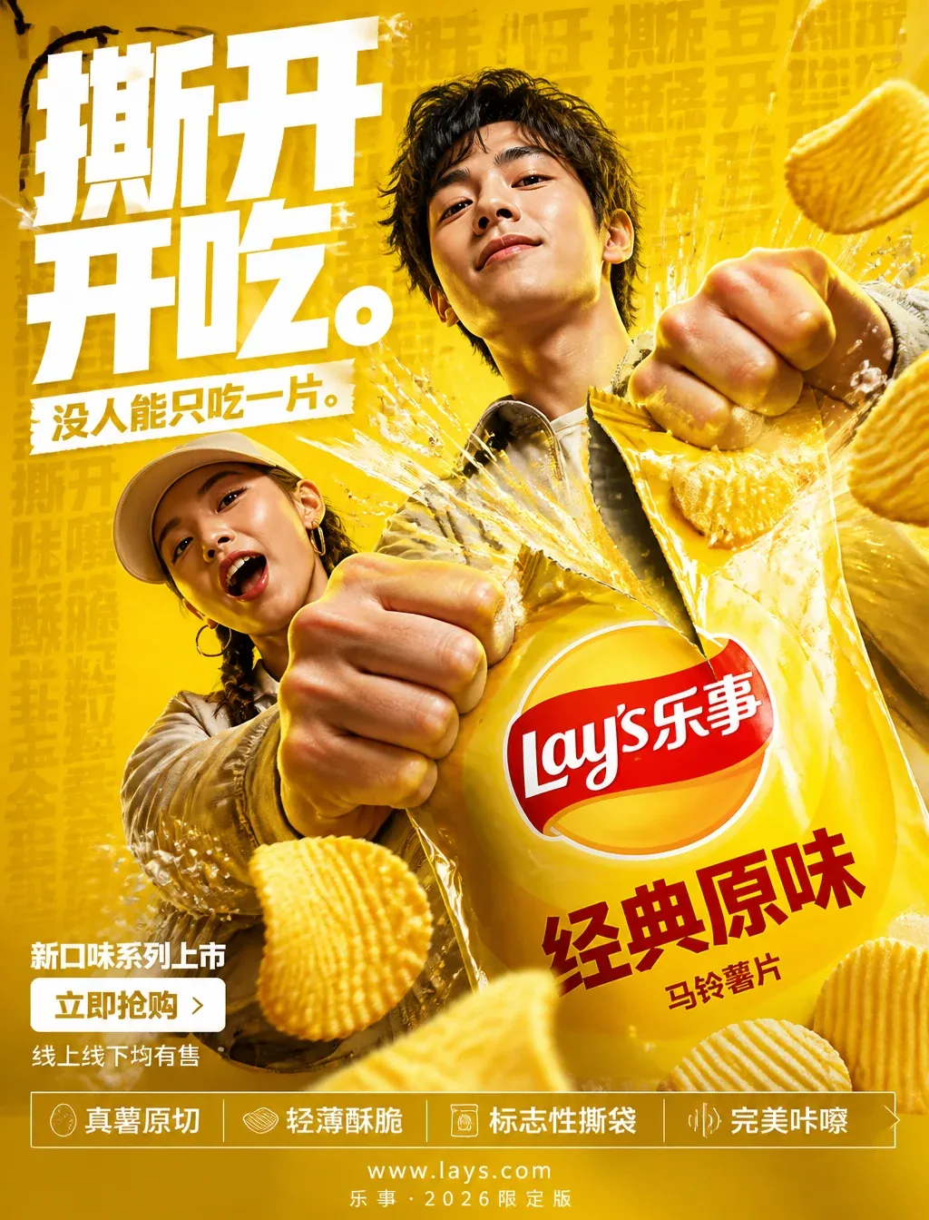 FORMAT:4:5 竖版超商业感零食 campaign 海报，超高分辨率（8K），户外大牌 + 社交媒体广告级出品Style: bold FMCG 广告 × 现代薯片 campaign × 高能量商业海报设计 × 高… - AI提示词参考图，来自西西提示词