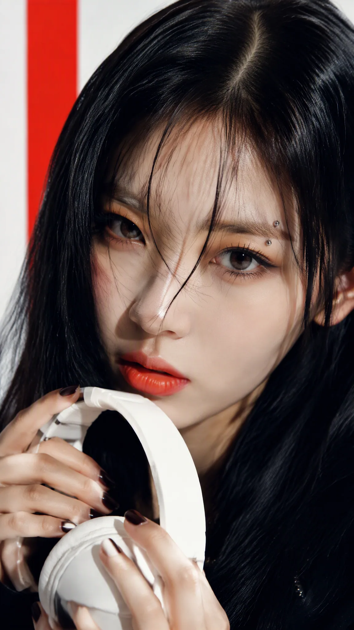 Photorealistic close-up portrait of a young East Asian woman with porcelain-pale skin, large almond-shaped br… - AI prompt reference from CC Prompt Galaxy