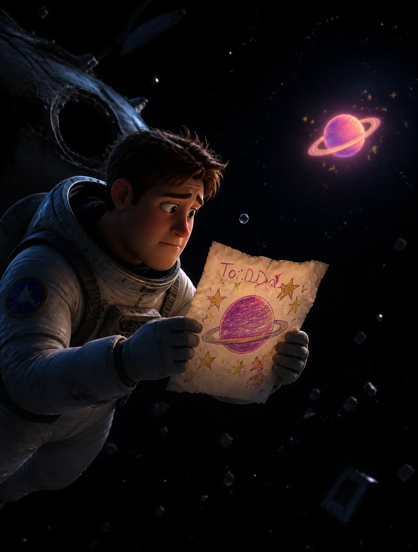 A young astronaut floats alone outside a broken spaceship, holds a hand-drawn map of stars made by his daught… - AI提示词参考图，来自西西提示词