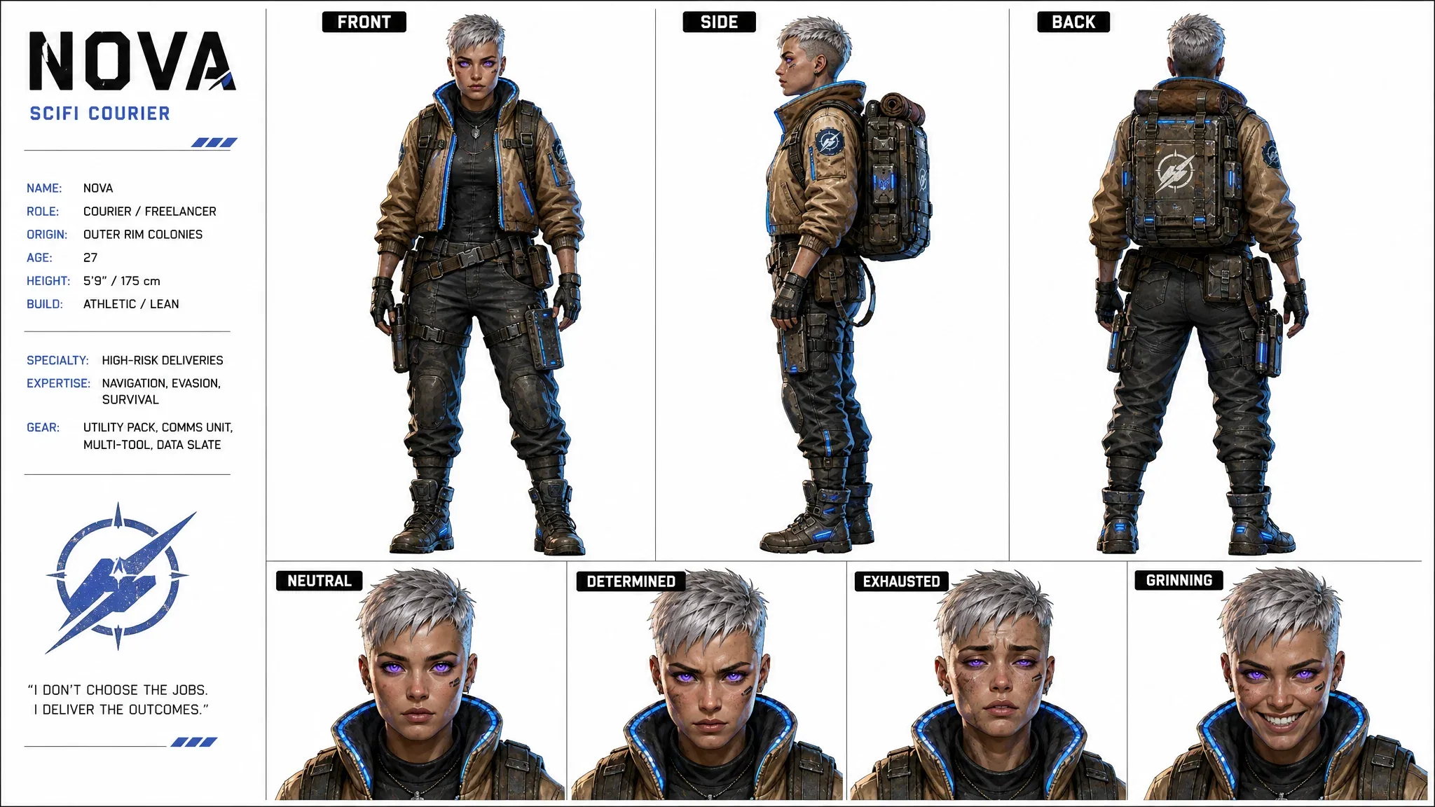 Create a professional character reference sheet for an original Sci-Fi Courier named 'NOVA'. The character mu… - AI提示词参考图，来自西西提示词