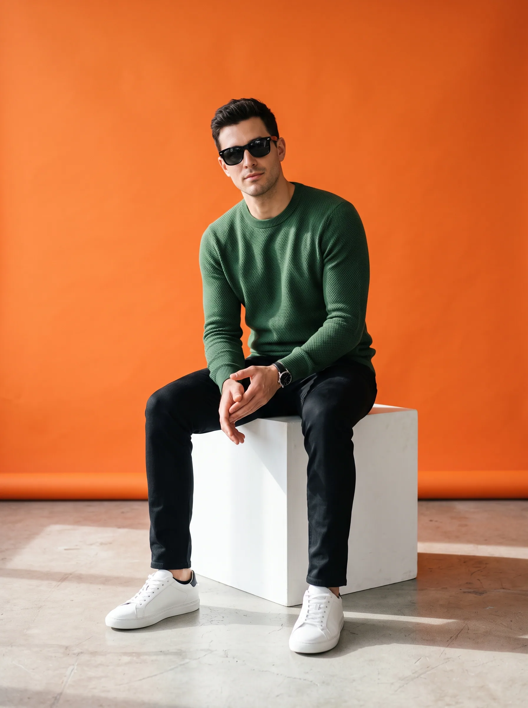 A stylish male model sitting on a white cube in a minimalist studio with a vibrant orange background. He is w… - AI prompt reference from CC Prompt Galaxy