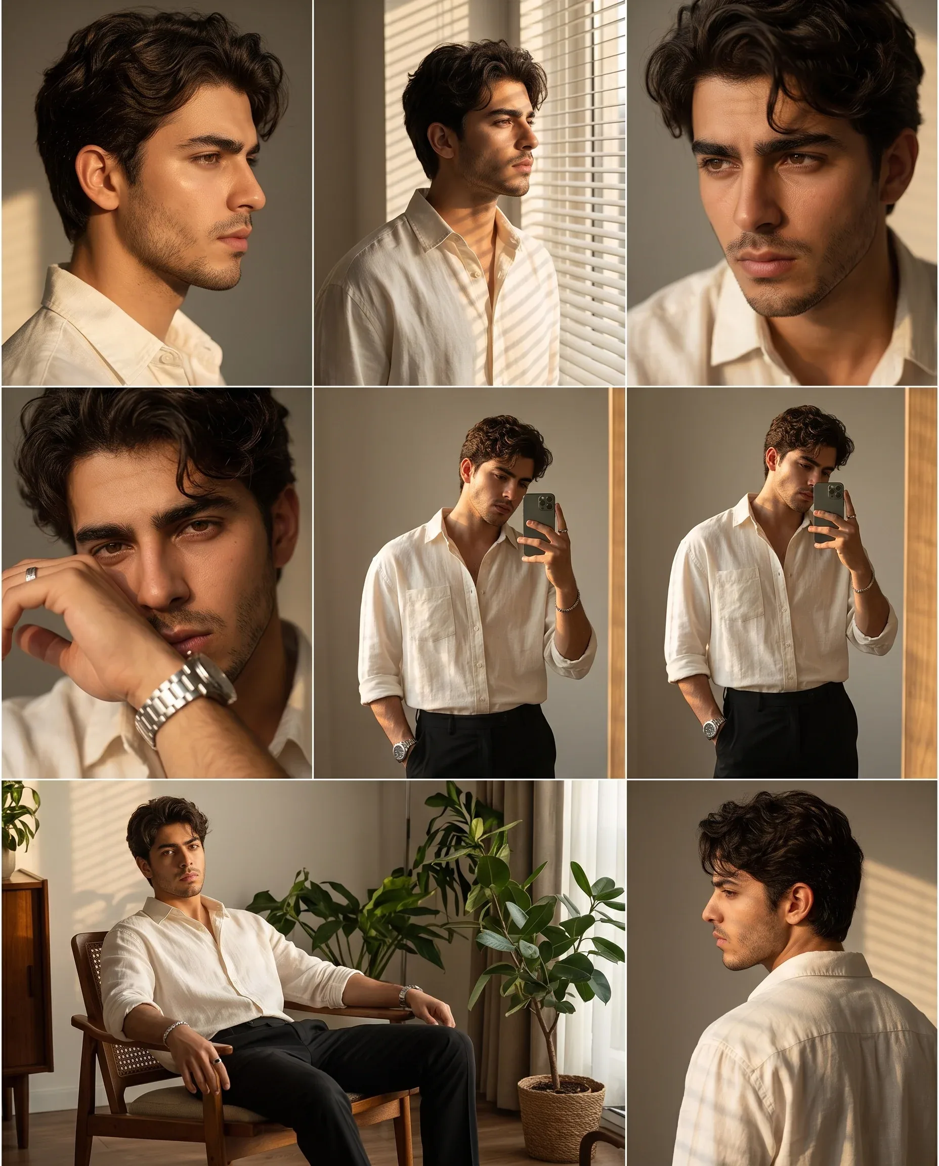 Subject and Action A luxury men's fashion editorial grid featuring a handsome young man with wavy dark brown … - AI提示词参考图，来自西西提示词