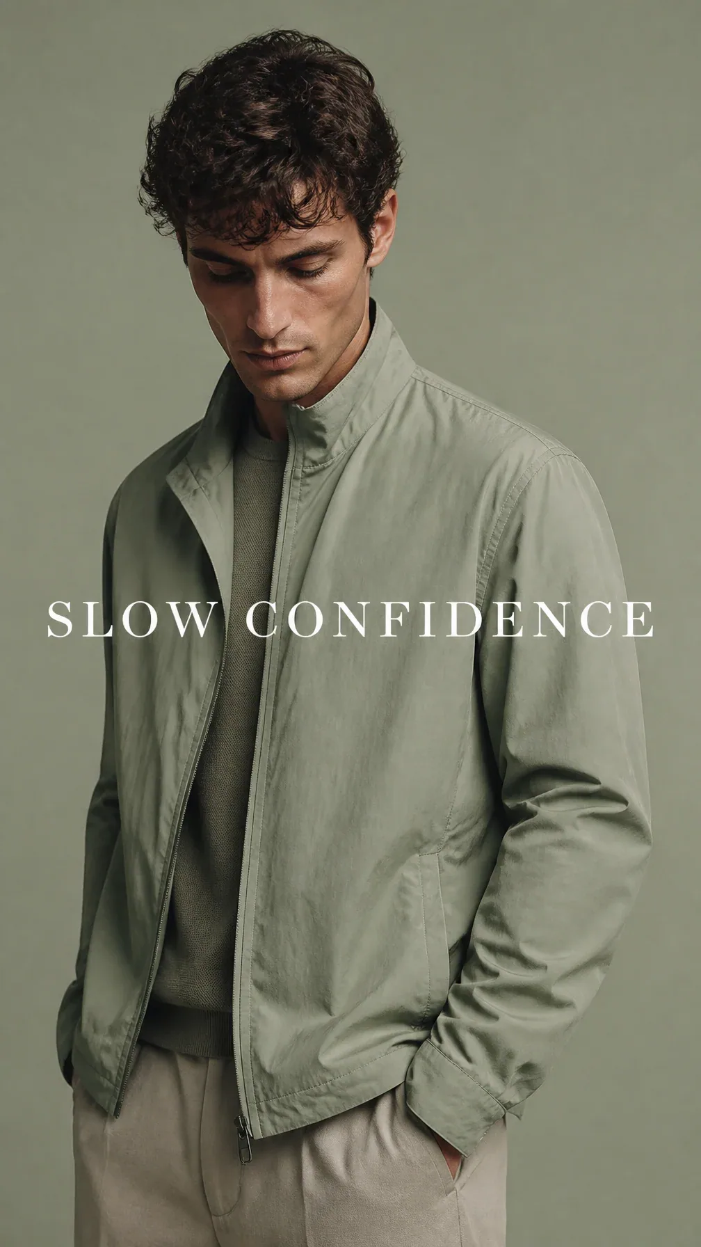 Premium Zara fashion editorial. Main Subject: Male model wearing a dusty sage-green lightweight jacket. Pose:… - AI提示词参考图，来自西西提示词