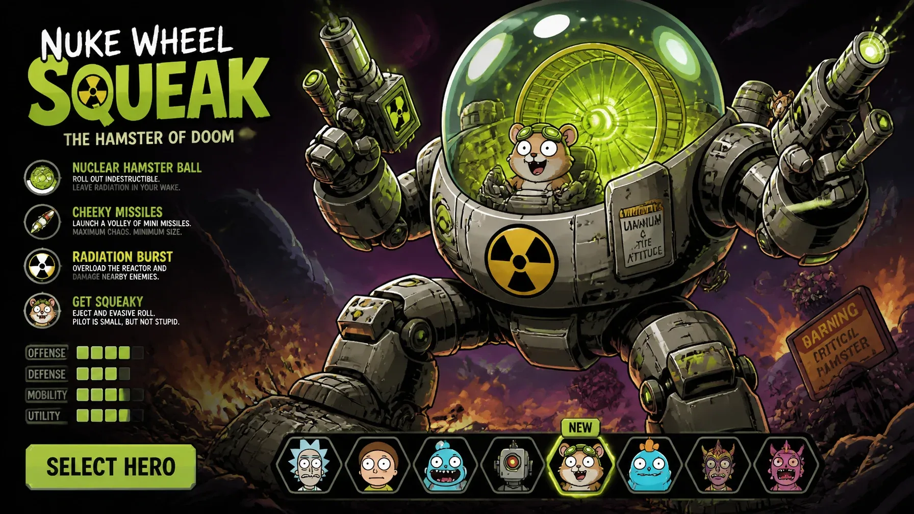 MOBA hero splash art in the style of Rick and Morty adult animated cartoon, tiny hamster pilot character insi… - AI prompt reference from CC Prompt Galaxy