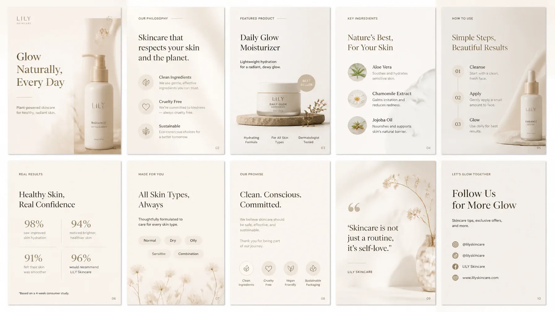 Luxury Instagram carousel template for a skincare brand, soft beige and cream palette, modern typography, ele… - AI提示词参考图，来自西西提示词