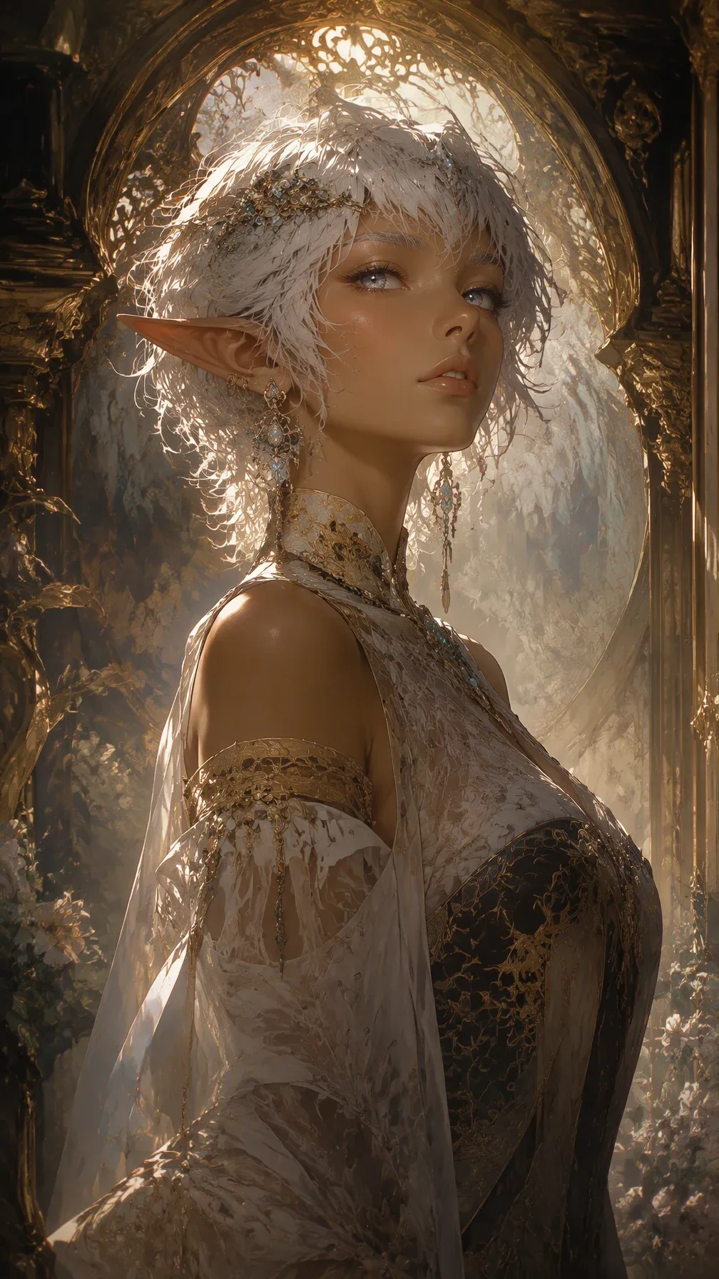 A highly detailed anime-style portrait of a elf girl with large luminous eyes of moonlit silver, with violet … - AI提示词参考图，来自西西提示词