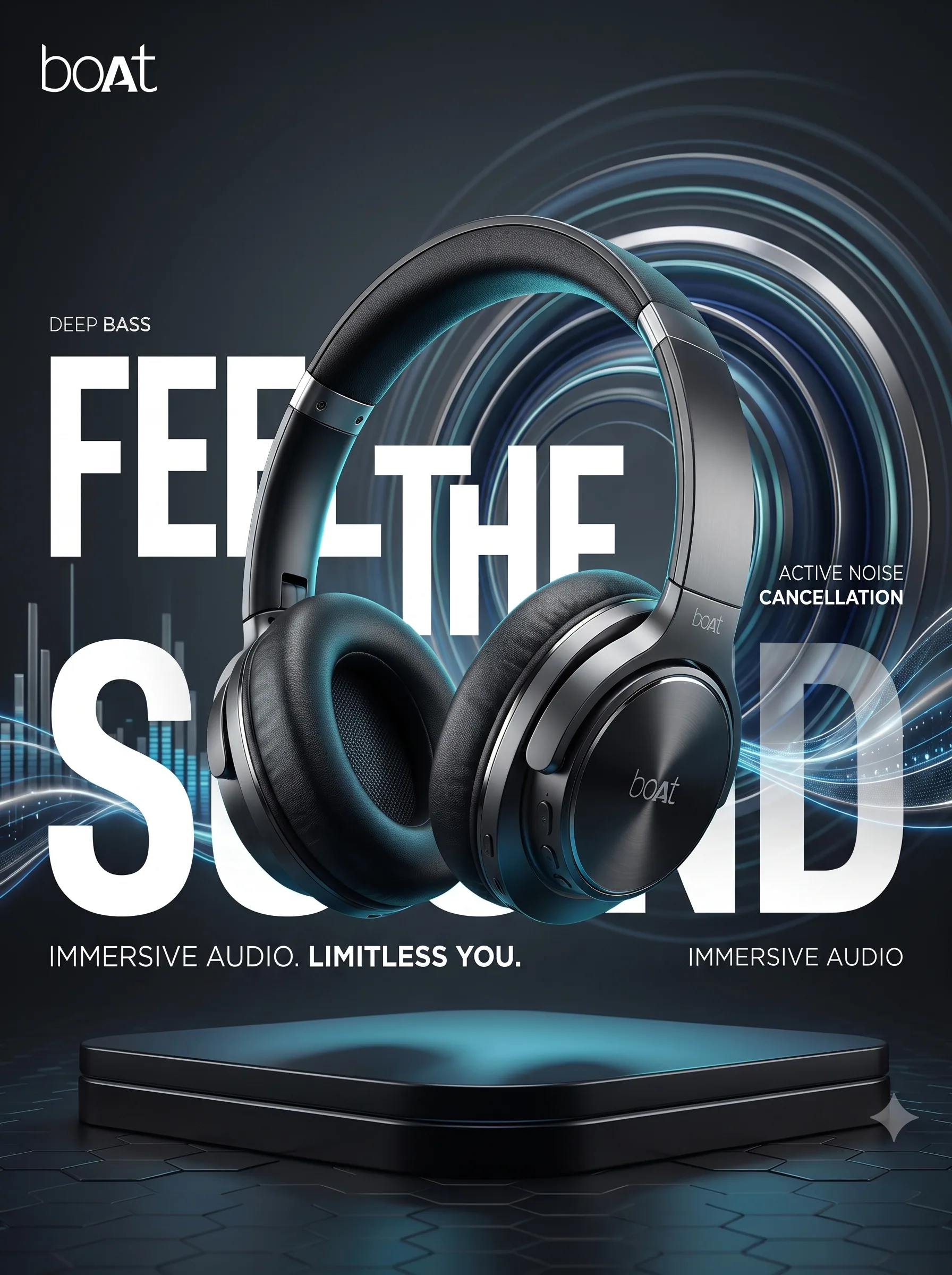 Create a premium futuristic commercial advertising poster for boAt featuring a premium over-ear wireless head… - AI提示词参考图，来自西西提示词