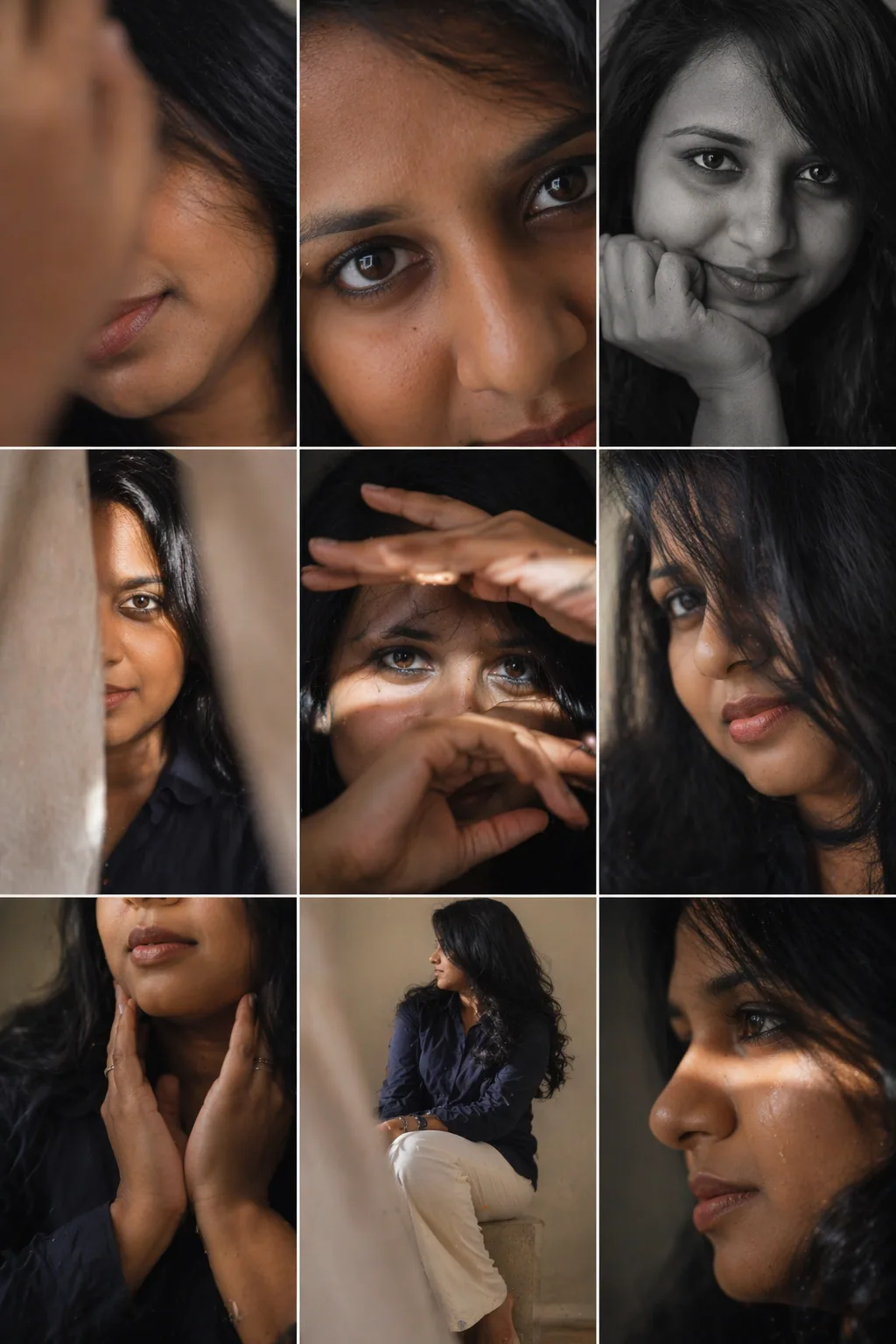 Editorial 3x3 photo grid in a clean soft beige studio. Character (matches reference 100%) wearing lightweight… - AI提示词参考图，来自西西提示词