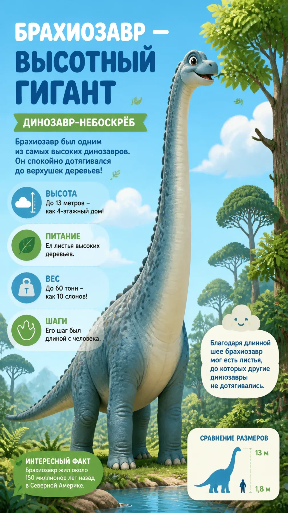 Брахиозавр — Высотный гигантИнфографика «Динозавр-небоскрёб». Милый брахиозавр тянется к верхушкам деревьев, … - AI提示词参考图，来自西西提示词