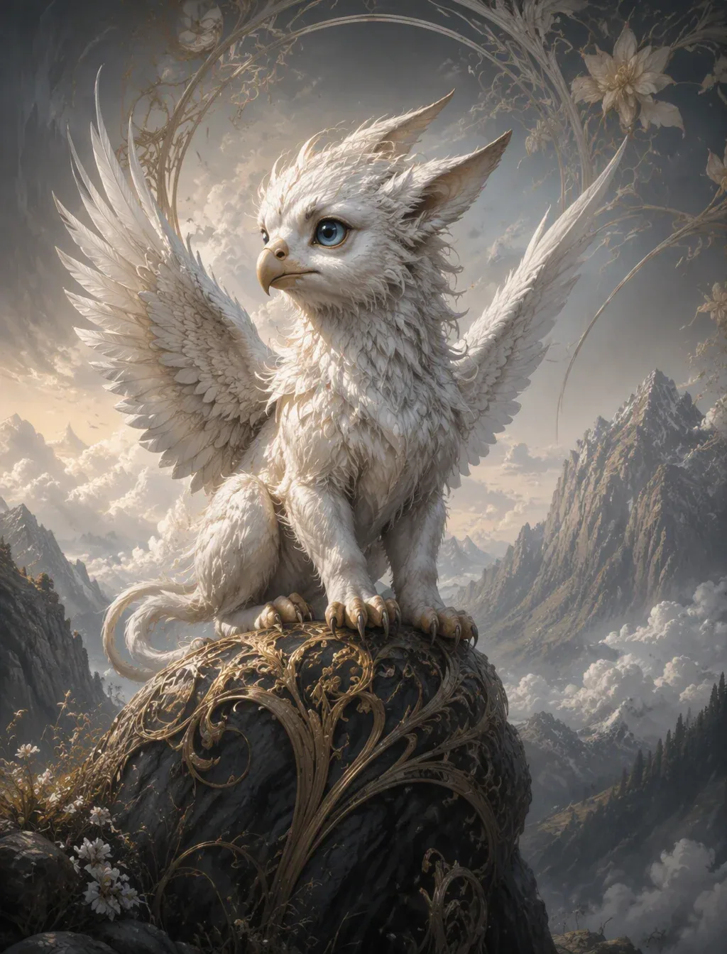 Subject and Action A whimsical baby snow-white griffin with large, round ice-blue eyes flecked with luminous … - AI提示词参考图，来自西西提示词