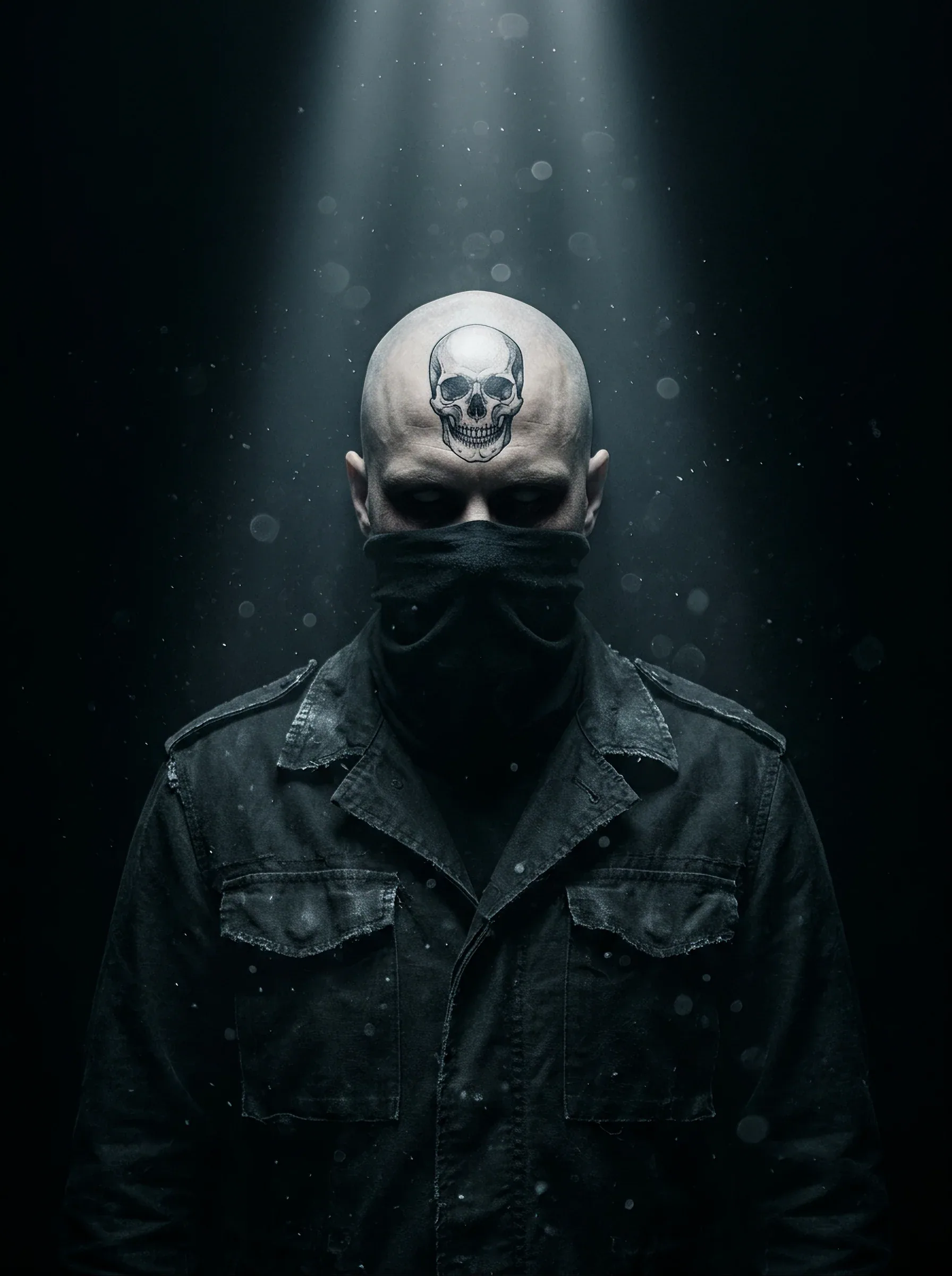 A bald, masked figure stands rigidly against a near-black void, head bowed beneath a stark skull tattoo cente… - AI prompt reference from CC Prompt Galaxy