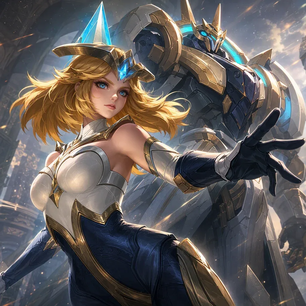 A stylized fantasy warrior woman twists through a dynamic three-quarter portrait, her golden shoulder-length … - AI prompt reference from CC Prompt Galaxy