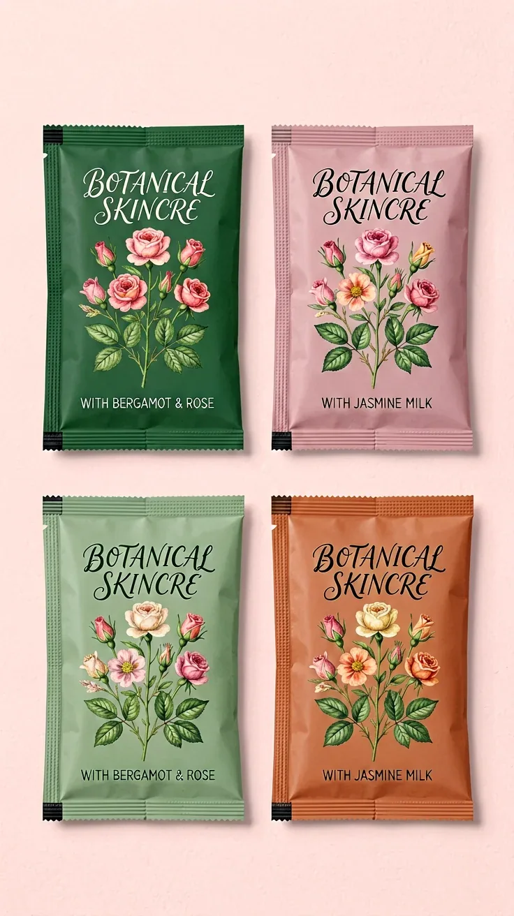 A product mockup shot of four flat botanical sachet packets arranged neatly on a soft pastel background. Each… - AI提示词参考图，来自西西提示词