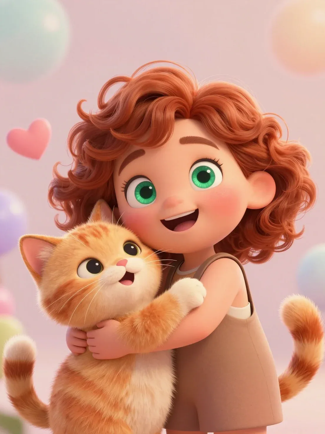 Adorable Pixar-style 3D character illustration of a curly ginger-haired little girl with big sparkling emeral… - AI提示词参考图，来自西西提示词