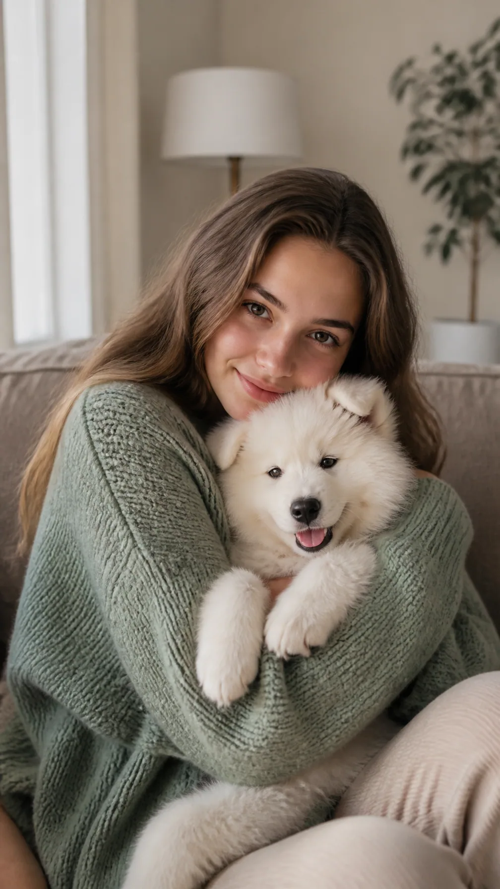 Inside a bright modern living room on a soft warm-taupe sofa, a young woman in her early twenties gently hugs… - AI prompt reference from CC Prompt Galaxy