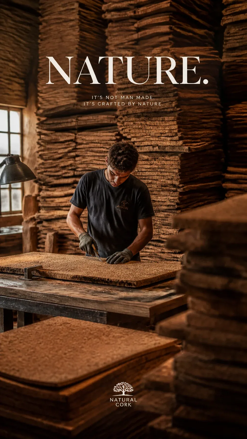 Premium editorial campaign.Main Subject: Young cork craftsman inside a cork workshop.Creative Direction: Mass… - AI提示词参考图，来自西西提示词