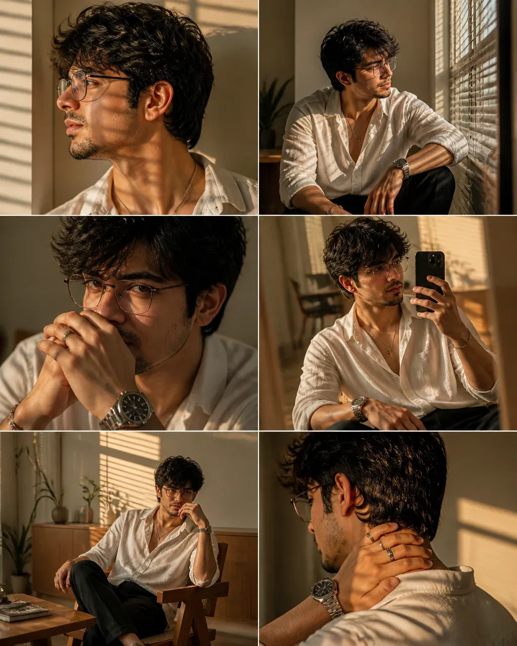 Ultra realistic luxury men's fashion editorial collage featuring the same handsome young man in six different… - AI提示词参考图，来自西西提示词