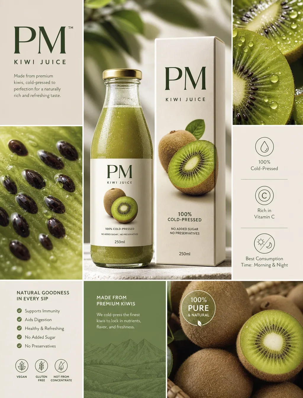 Ultra-premium e-commerce product poster for "PM" Kiwi Juice, in the style of high-end commercial layout. Clea… - AI prompt reference from CC Prompt Galaxy