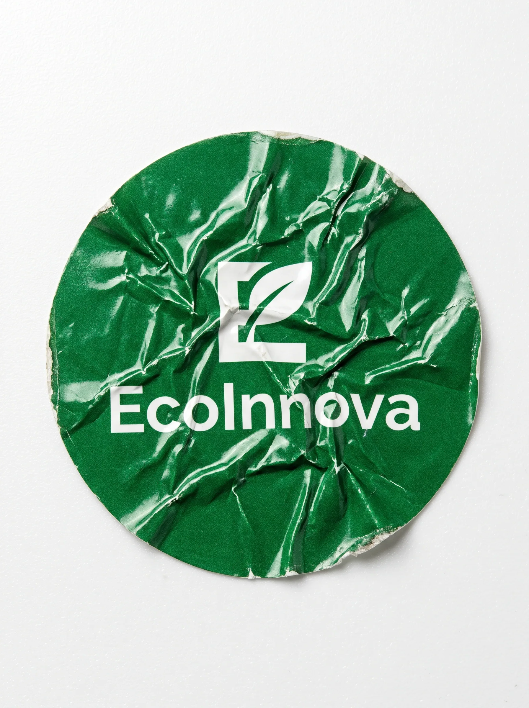 A sharp, top-down macro photograph of a single, heavily crumpled circular vinyl sticker featuring the officia… - AI prompt reference from CC Prompt Galaxy