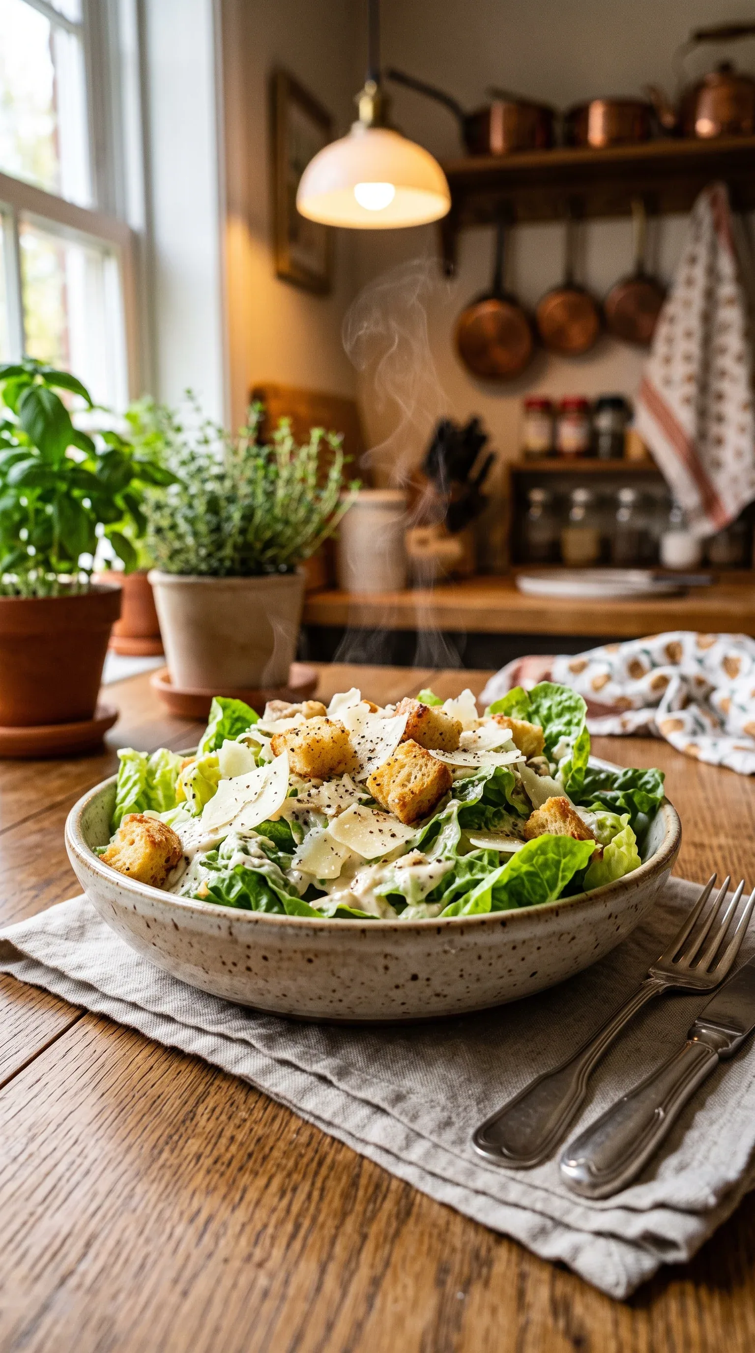 Professional food photography,[Caesar Salad] , placed on a rustic wooden dining table in a cozy kitchen setti… - AI提示词参考图，来自西西提示词