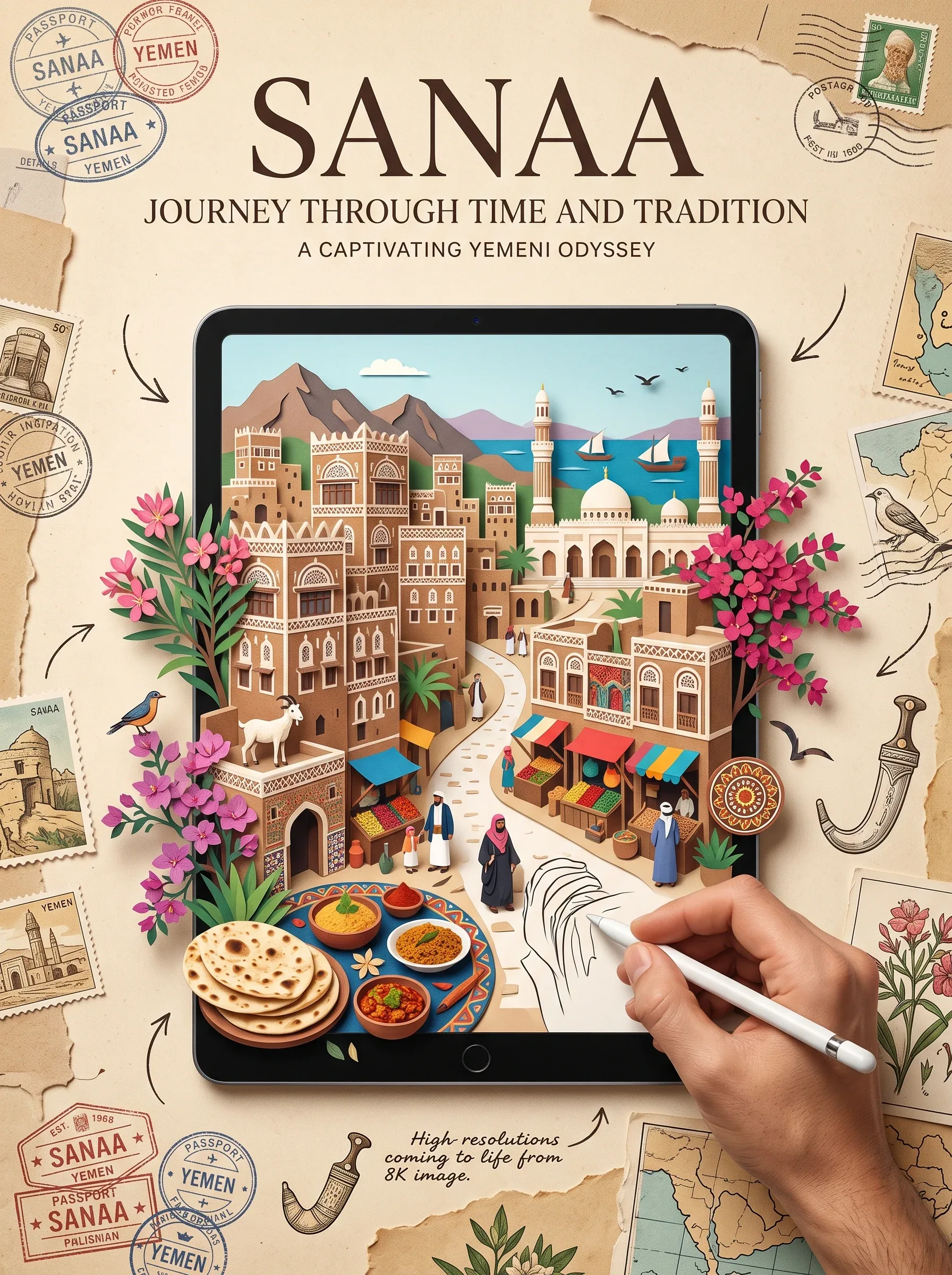 A premium vintage travel poster featuring Sanaa with a large tablet placed in the center displaying a handcra… - AI提示词参考图，来自西西提示词