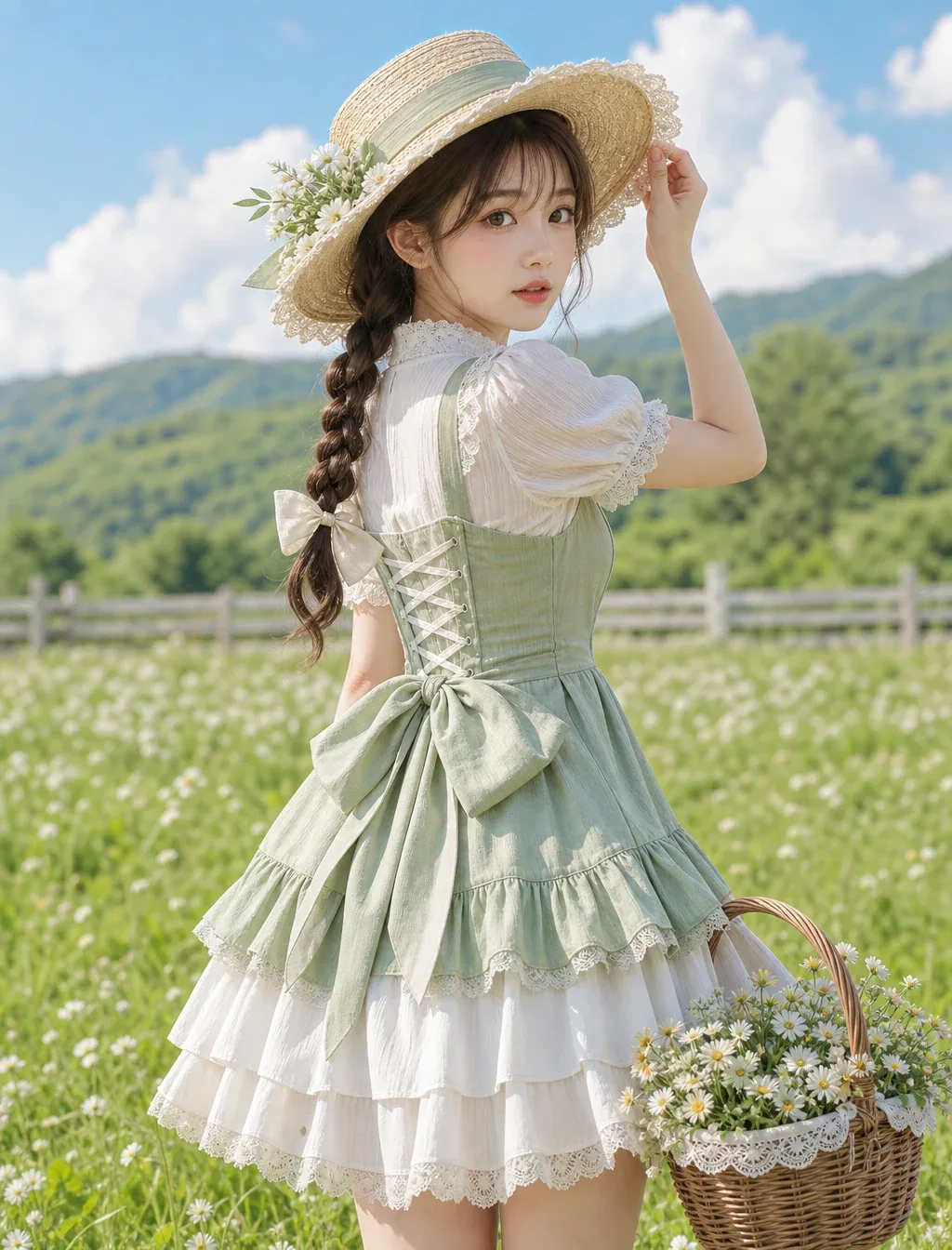 白い小花が咲く明るい草原で、淡いセージ色と白の田園風ドレス、花飾りの麦わら帽子を身につけた若い女性が、白い花を満たした籐籠を持って振り返る太腿上ポートレート。人物を画面中央から右へ大きく置き、背中側の編み上げと大きな腰… - AI提示词参考图，来自西西提示词