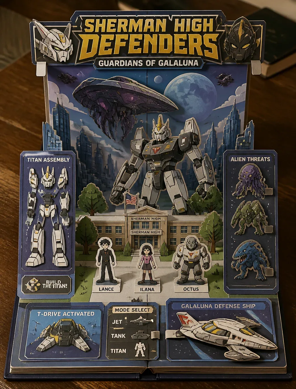 Create a Sym-Bionic Titan-themed 3D pop-up papercraft storybook diorama on rustic table, elevated view. Title… - AI提示词参考图,来自西西提示词