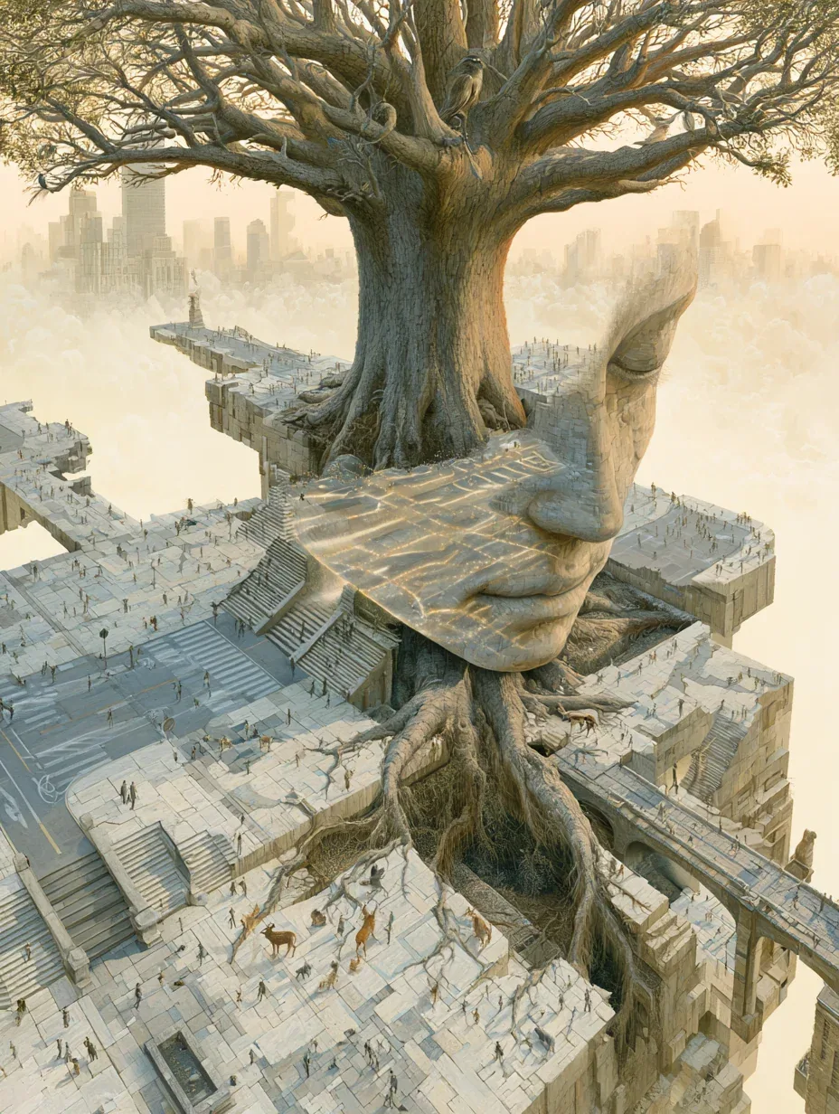A museum-quality surreal oil painting exploring the concept of civic space.In the center of a vast urban publ… - AI提示词参考图，来自西西提示词