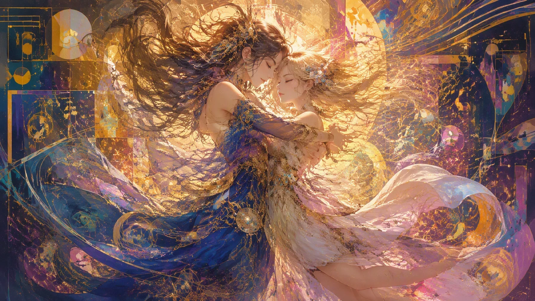 A meticulously detailed anime-style image of two girls embracing in a burst of radiant light; their entire bo… - AI提示词参考图，来自西西提示词