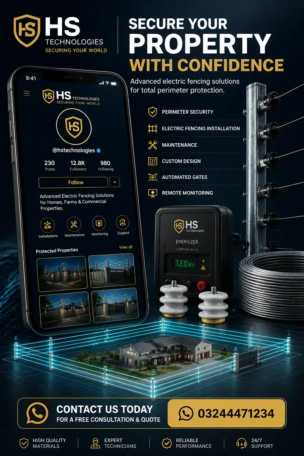 Subject & Action A premium promotional graphic centered around a modern smartphone displaying a high-security… - AI提示词参考图，来自西西提示词
