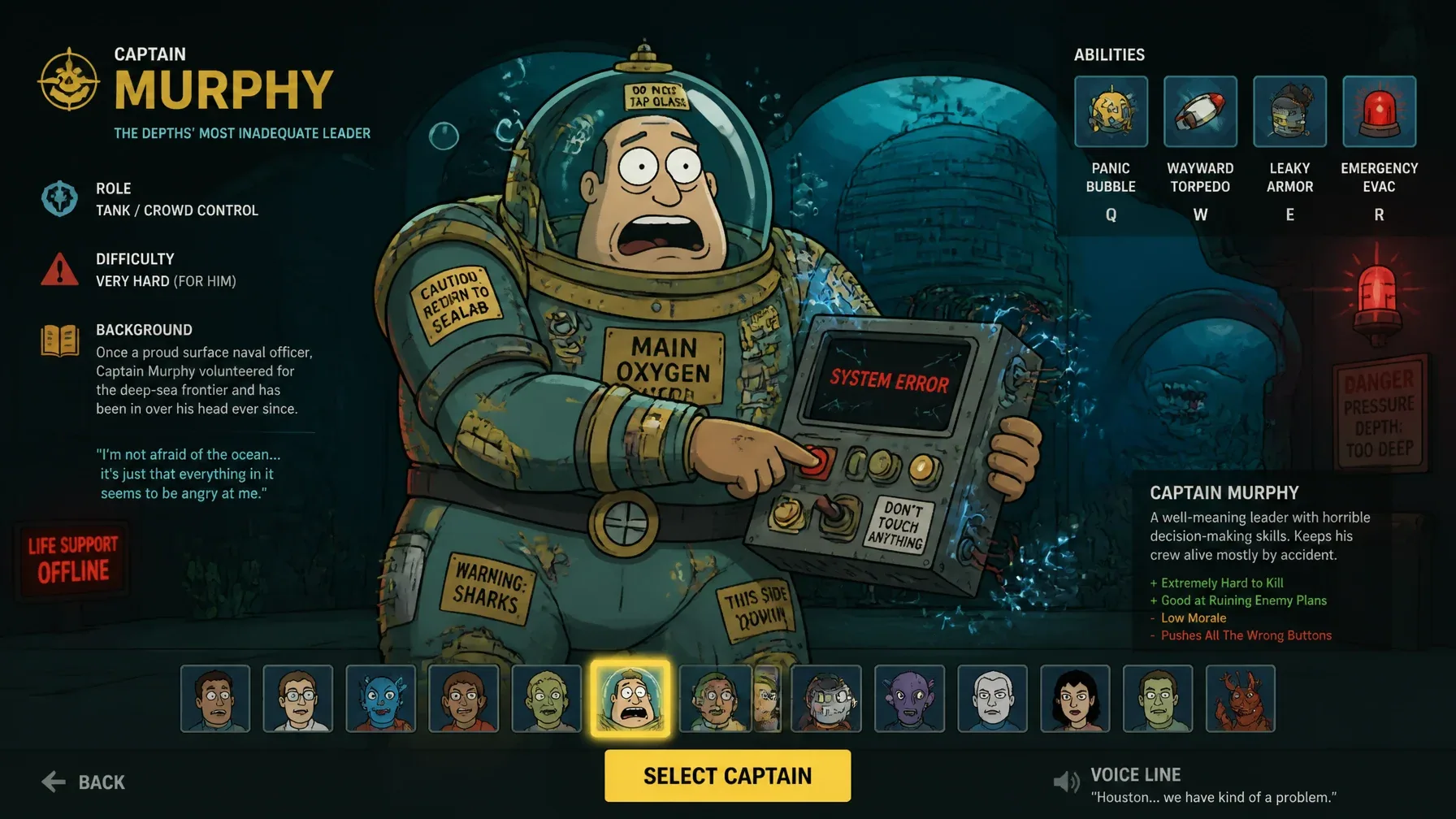 MOBA hero splash art in the style of Sealab 2021 adult swim cartoon, incompetent underwater submarine captain… - AI提示词参考图，来自西西提示词